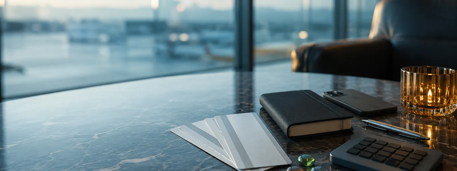 Blank compensation planning materials on an airport lounge table