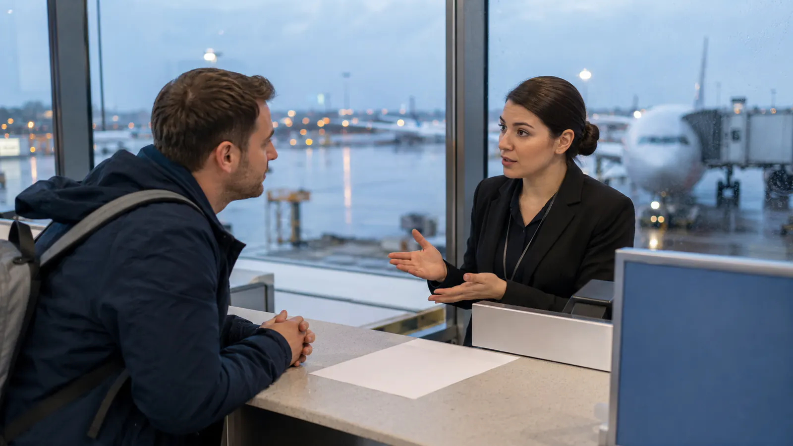 Traveler speaking with airport staff at a blank assistance counter