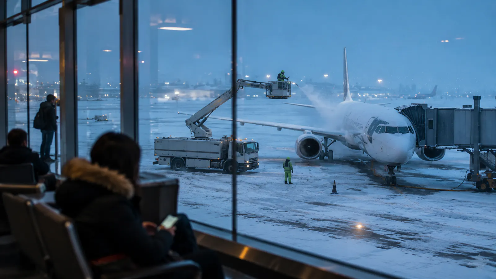 Snowy airport de-icing scene viewed from the terminal