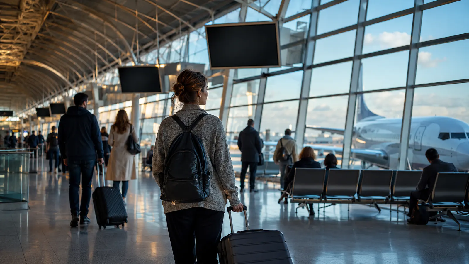 Travelers crossing a European airport departures hall