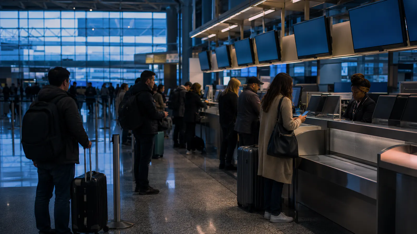 Passengers at airline service counters in a busy terminal