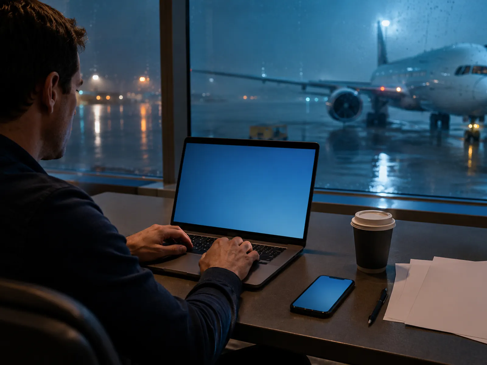 Traveler typing on a blank laptop screen beside airport windows