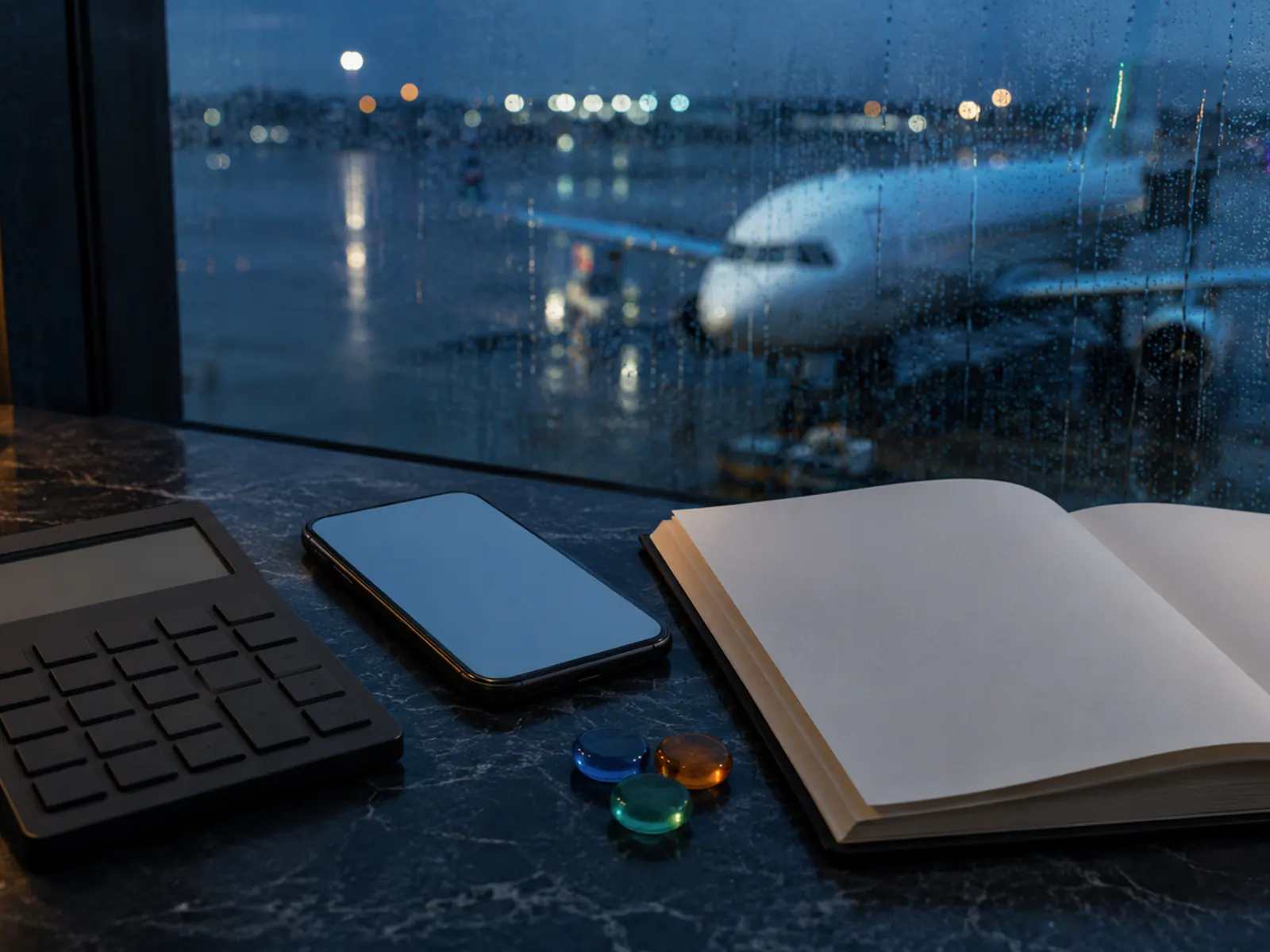 Blank calculator and notebook on an airport lounge table