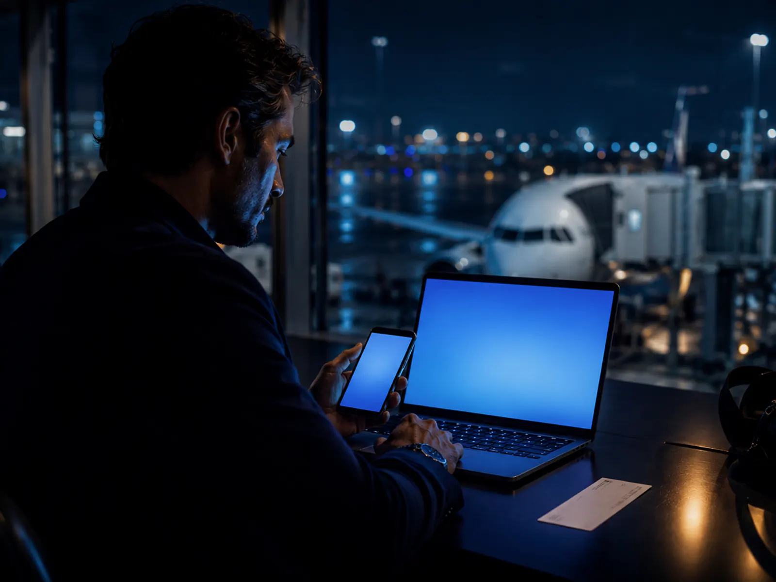 Traveler using blank screens beside a rainy airport window