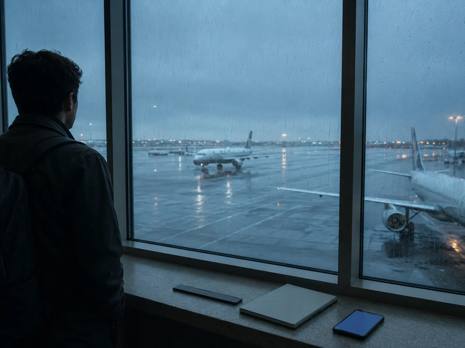 Passenger standing by airport windows with an aircraft outside