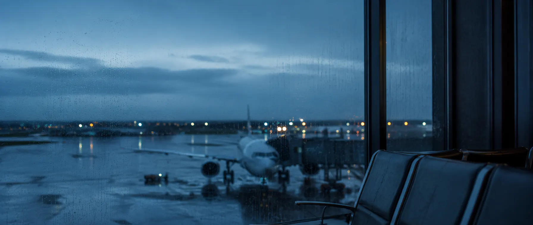 Rainy airport window overlooking a delayed aircraft